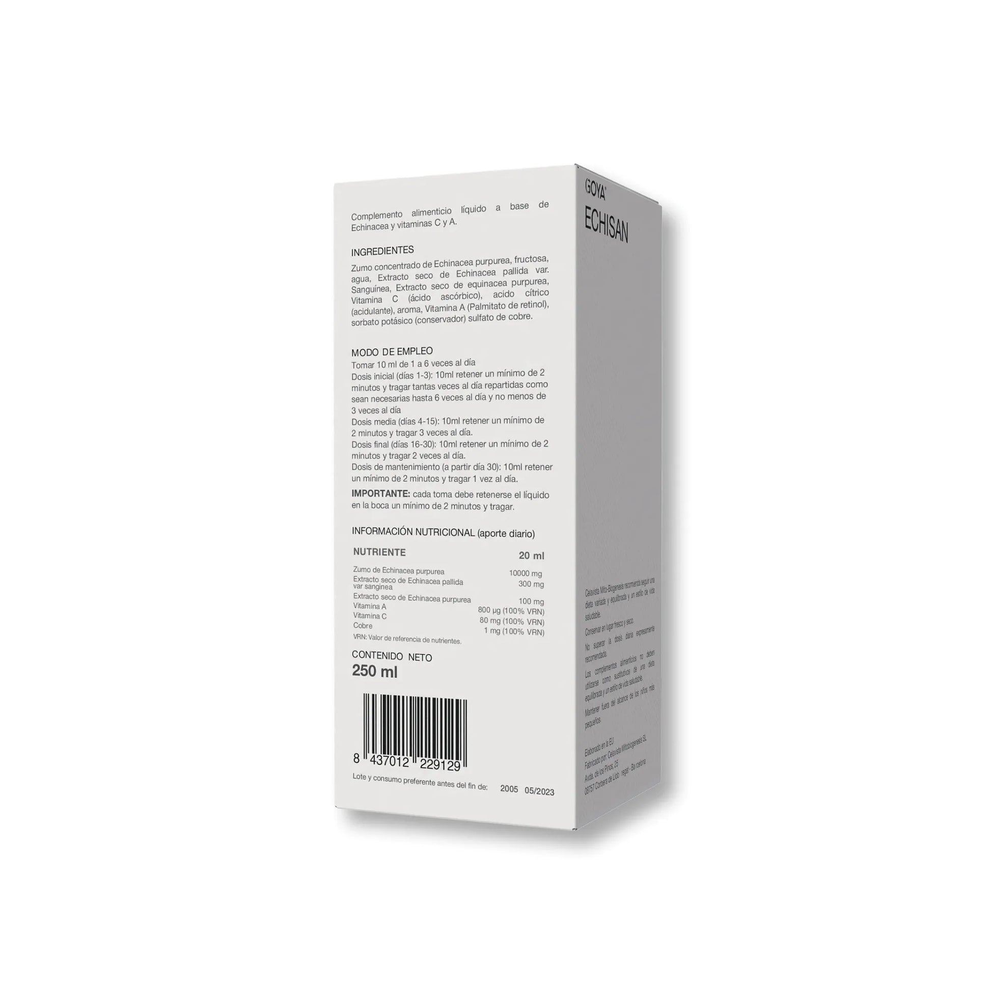 Etiqueta de Echisan mostrando vitaminas para fortalecer el sistema inmunológico y defensas bajas